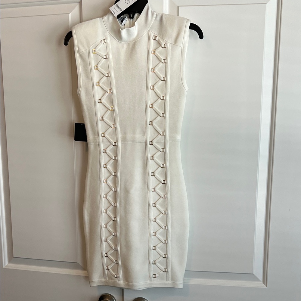 Bebe Cream Sleeveless Lace-Up Sheath Dress